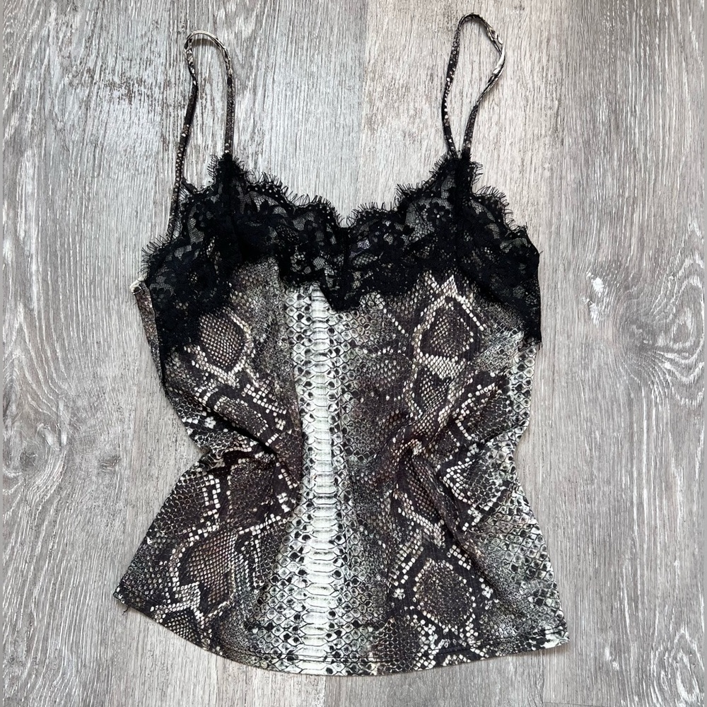 Zara Snake Print Lace Trim Cami Top - Black and Brown